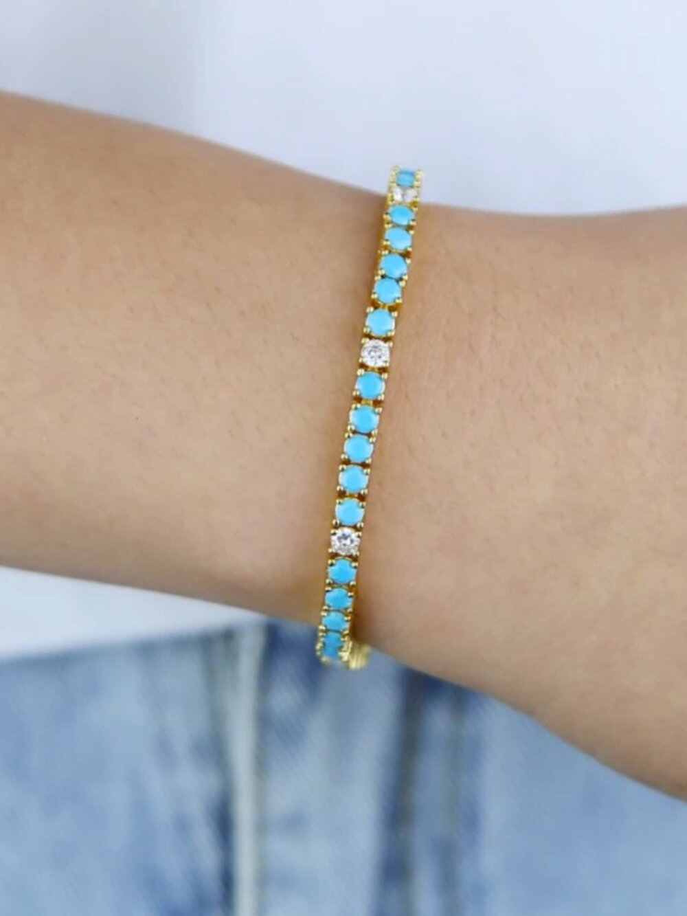 14K Gold Womens 1ct Diamond 2ct Turquoise Gemstone Tennis Bracelet 7" 8" Jewelry